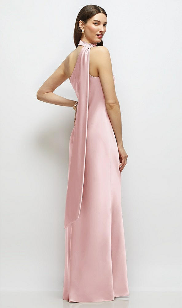 Back View - Ballet Pink Draped Scarf One-Shoulder Bias Stretch Satin Maxi Dress