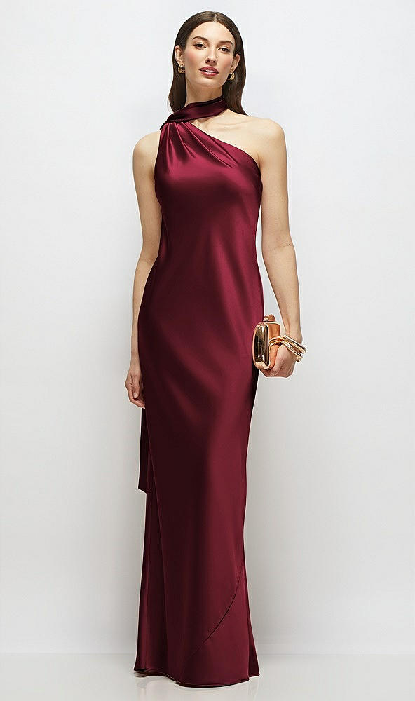 Front View - Cabernet Draped Scarf One-Shoulder Bias Stretch Satin Maxi Dress
