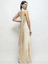 Rear View Thumbnail - Champagne Draped Scarf One-Shoulder Bias Stretch Satin Maxi Dress