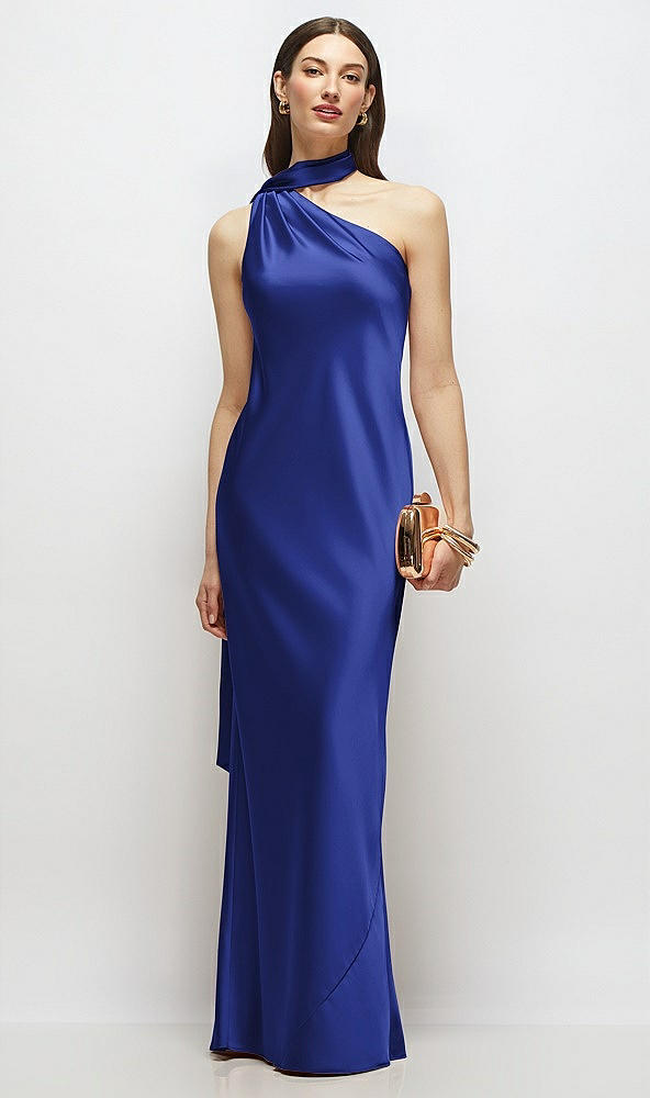 Front View - Cobalt Blue Draped Scarf One-Shoulder Bias Stretch Satin Maxi Dress
