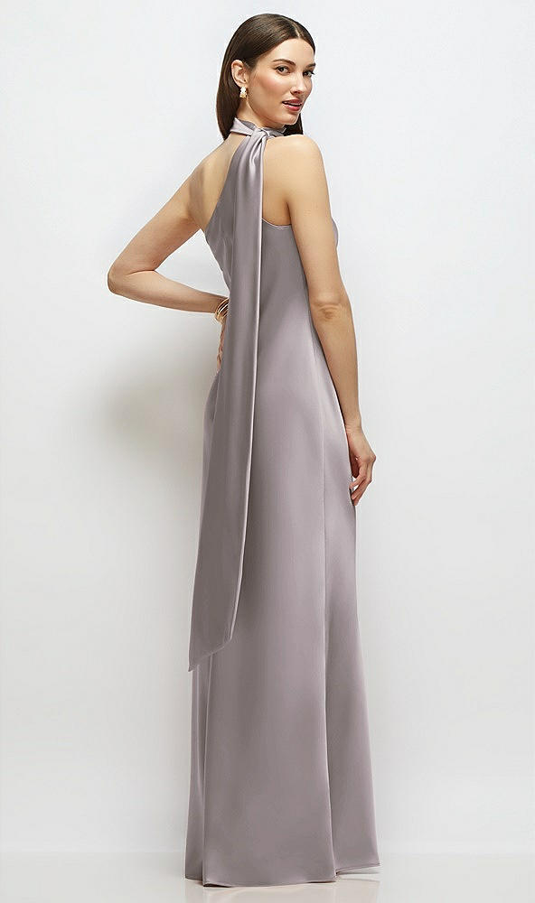 Back View - Cashmere Gray Draped Scarf One-Shoulder Bias Stretch Satin Maxi Dress