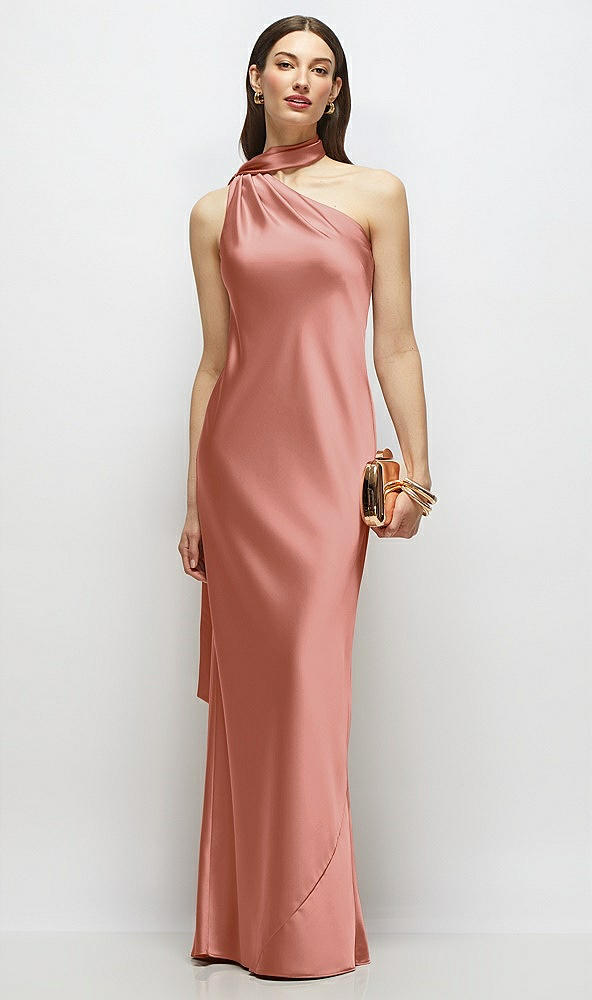 Front View - Desert Rose Draped Scarf One-Shoulder Bias Stretch Satin Maxi Dress