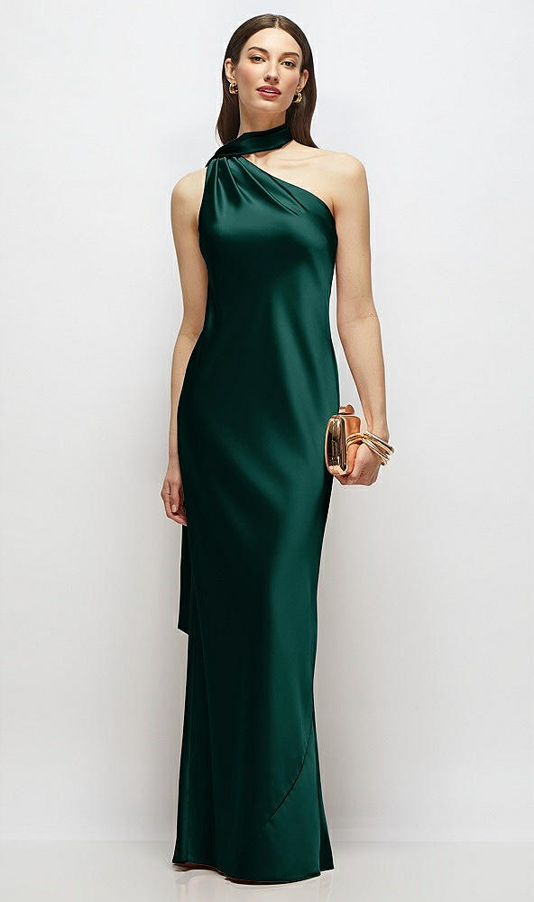 Front View - Evergreen Draped Scarf One-Shoulder Bias Stretch Satin Maxi Dress