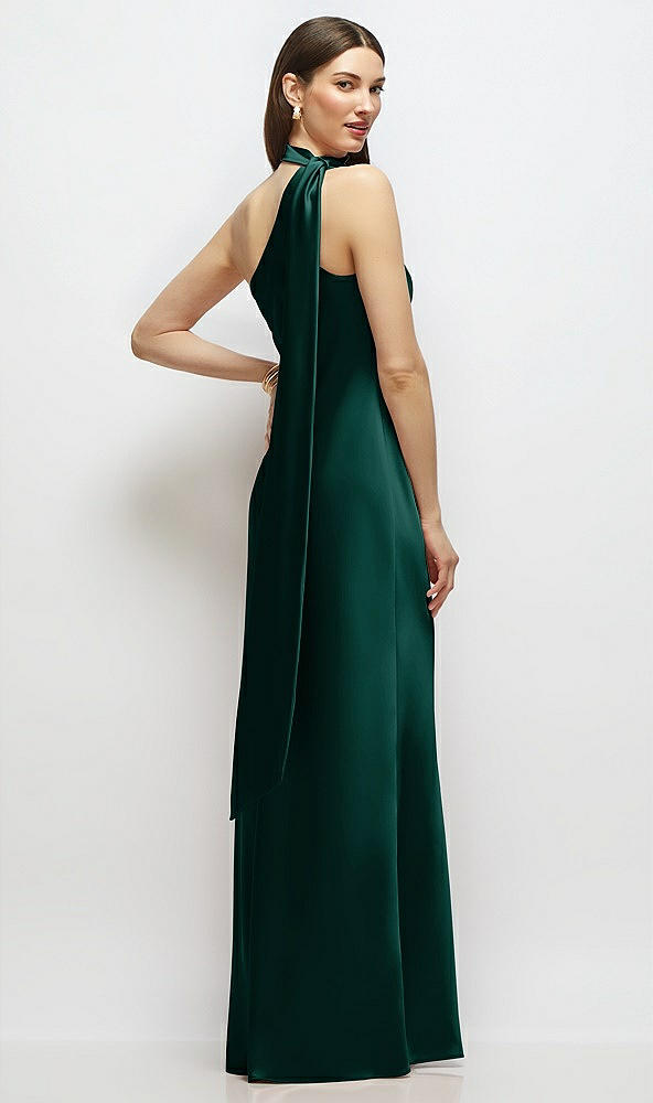 Back View - Evergreen Draped Scarf One-Shoulder Bias Stretch Satin Maxi Dress