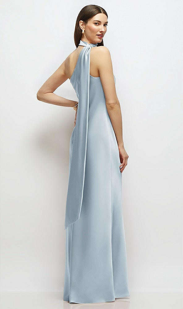 Back View - Mist Draped Scarf One-Shoulder Bias Stretch Satin Maxi Dress