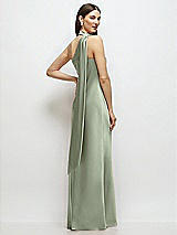 Rear View Thumbnail - Sage Draped Scarf One-Shoulder Bias Stretch Satin Maxi Dress