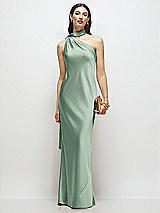 Front View Thumbnail - Seagrass Draped Scarf One-Shoulder Bias Stretch Satin Maxi Dress