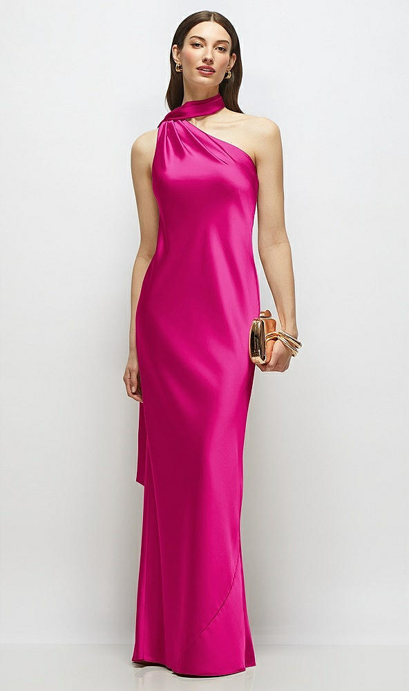 Front View - Think Pink Draped Scarf One-Shoulder Bias Stretch Satin Maxi Dress