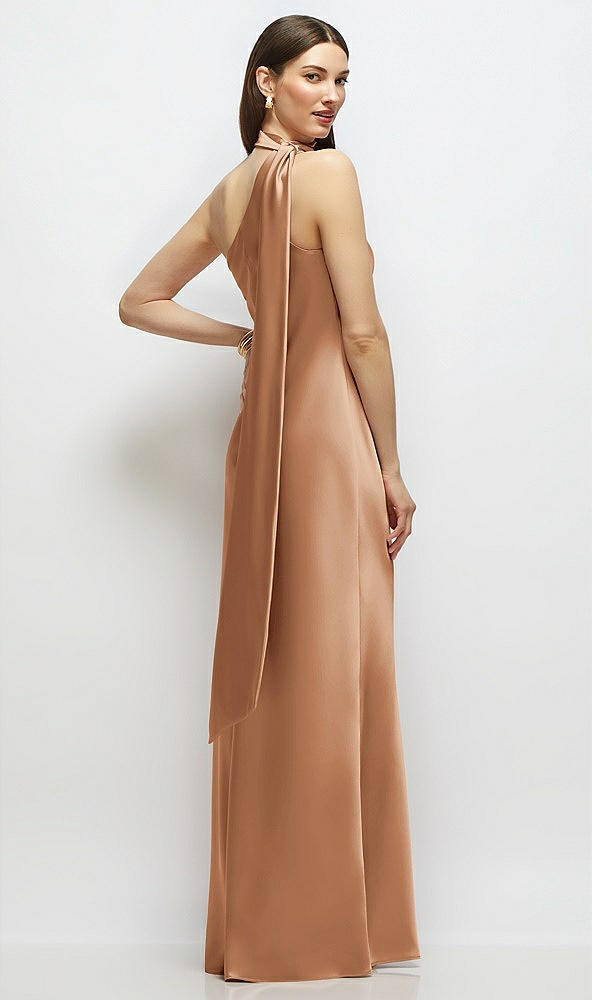 Back View - Toffee Draped Scarf One-Shoulder Bias Stretch Satin Maxi Dress