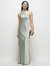 Front View Thumbnail - Willow Green Draped Scarf One-Shoulder Bias Stretch Satin Maxi Dress