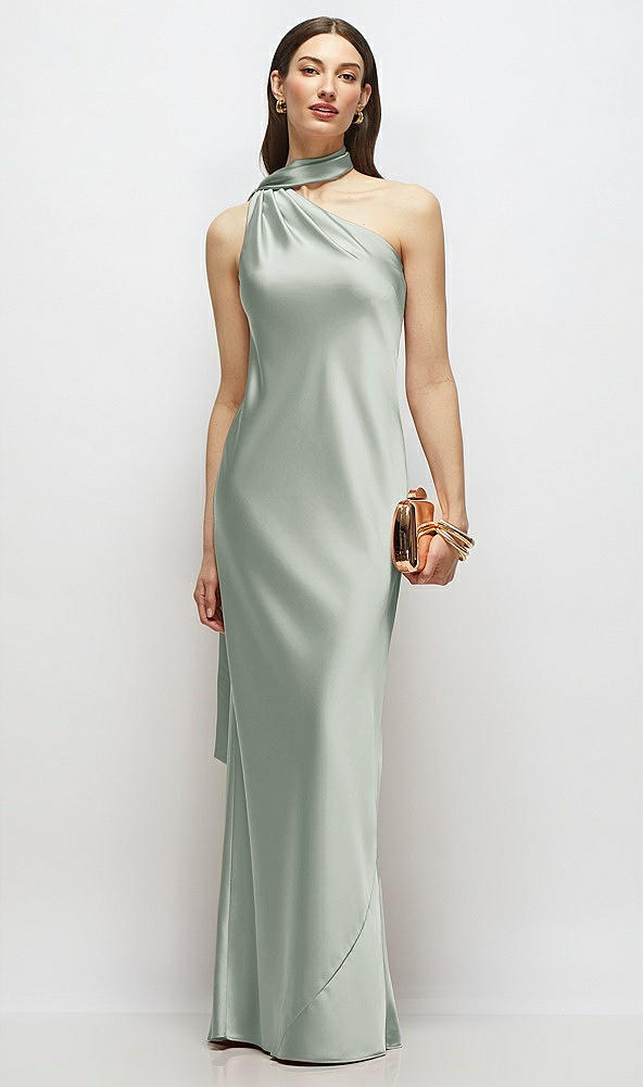 Front View - Willow Green Draped Scarf One-Shoulder Bias Stretch Satin Maxi Dress