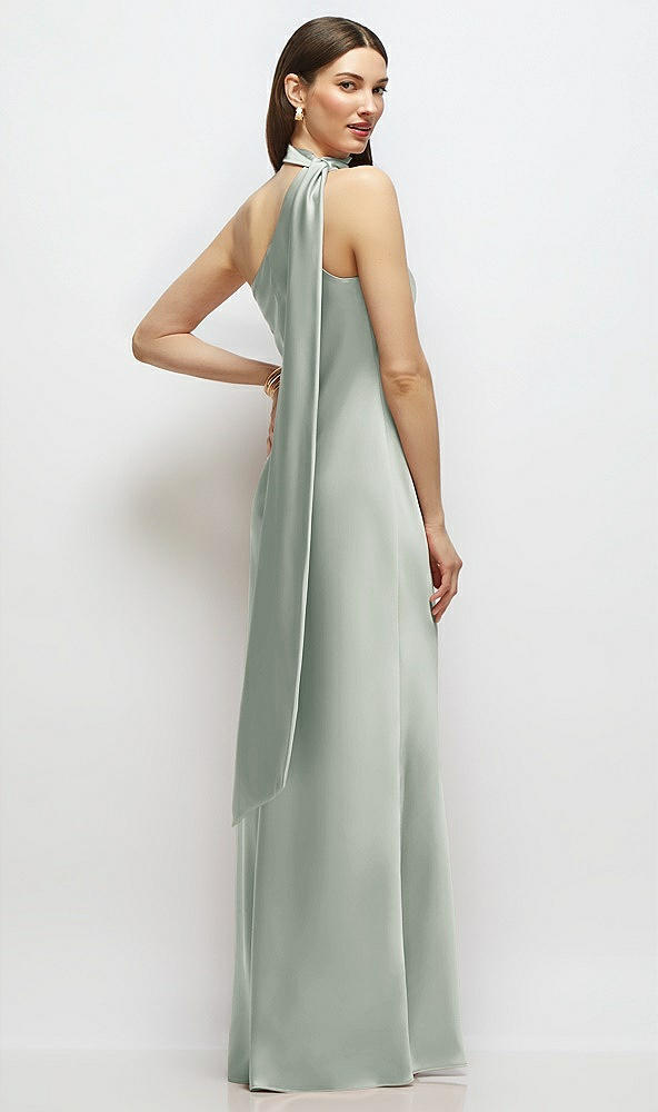 Back View - Willow Green Draped Scarf One-Shoulder Bias Stretch Satin Maxi Dress