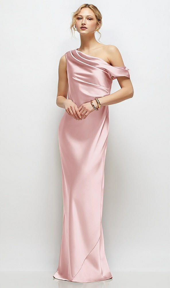 Front View - Ballet Pink Draped One-Shoulder Bias Stretch Satin Maxi Dress