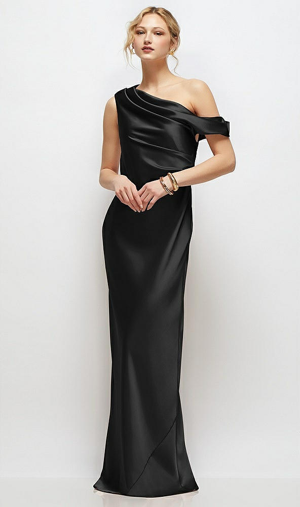 Front View - Black Draped One-Shoulder Bias Stretch Satin Maxi Dress