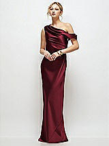 Front View Thumbnail - Cabernet Draped One-Shoulder Bias Stretch Satin Maxi Dress