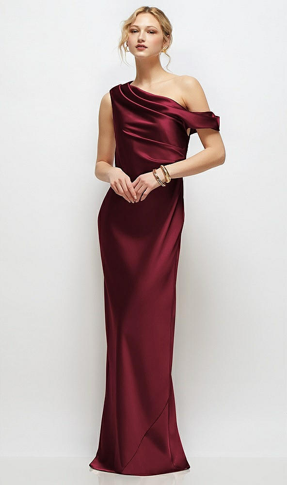 Front View - Cabernet Draped One-Shoulder Bias Stretch Satin Maxi Dress