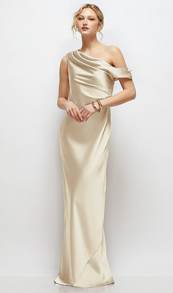 Front View - Champagne Draped One-Shoulder Bias Stretch Satin Maxi Dress