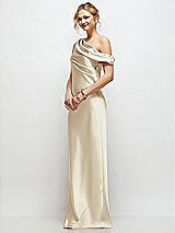 Side View Thumbnail - Champagne Draped One-Shoulder Bias Stretch Satin Maxi Dress