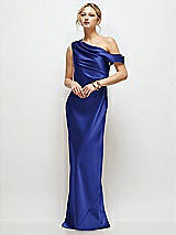 Front View Thumbnail - Cobalt Blue Draped One-Shoulder Bias Stretch Satin Maxi Dress