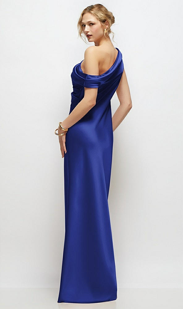 Back View - Cobalt Blue Draped One-Shoulder Bias Stretch Satin Maxi Dress