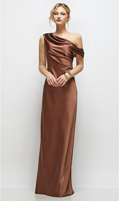 Draped One-Shoulder Bias Stretch Satin Maxi Dress Draped One-shoulder Bias Stretch Satin Maxi Bridesmaid Dress In Cognac |  The Dessy Group