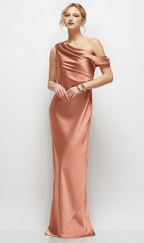 Front View - Copper Penny Draped One-Shoulder Bias Stretch Satin Maxi Dress