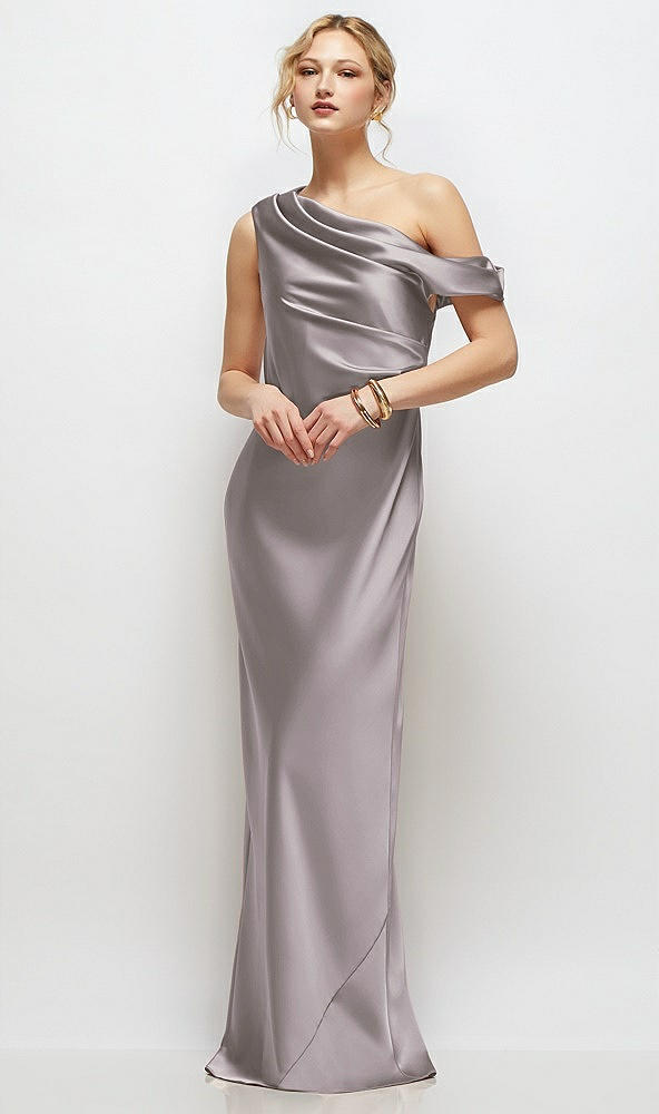 Front View - Cashmere Gray Draped One-Shoulder Bias Stretch Satin Maxi Dress