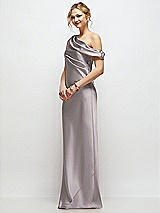 Side View Thumbnail - Cashmere Gray Draped One-Shoulder Bias Stretch Satin Maxi Dress