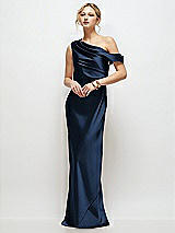 Front View Thumbnail - Midnight Navy Draped One-Shoulder Bias Stretch Satin Maxi Dress