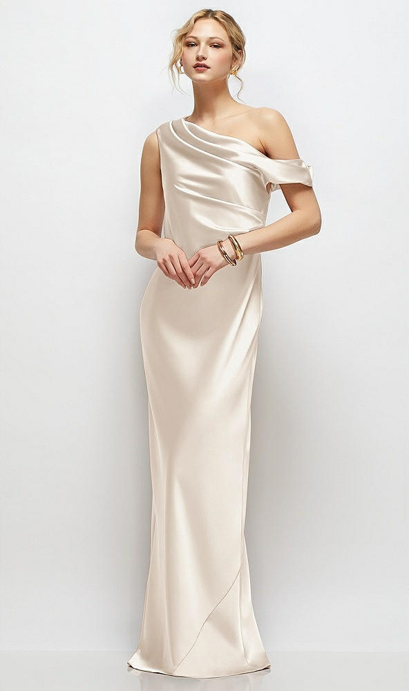 Front View - Oat Draped One-Shoulder Bias Stretch Satin Maxi Dress