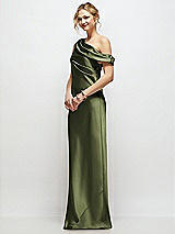 Side View Thumbnail - Olive Green Draped One-Shoulder Bias Stretch Satin Maxi Dress