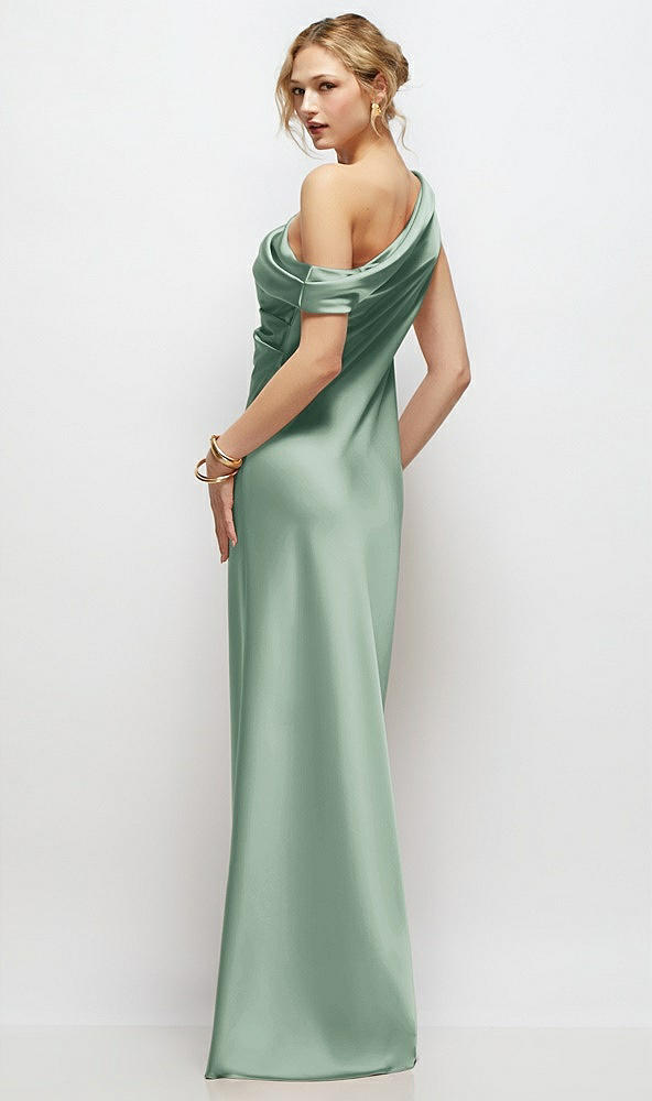 Back View - Seagrass Draped One-Shoulder Bias Stretch Satin Maxi Dress