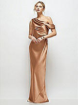 Front View Thumbnail - Toffee Draped One-Shoulder Bias Stretch Satin Maxi Dress