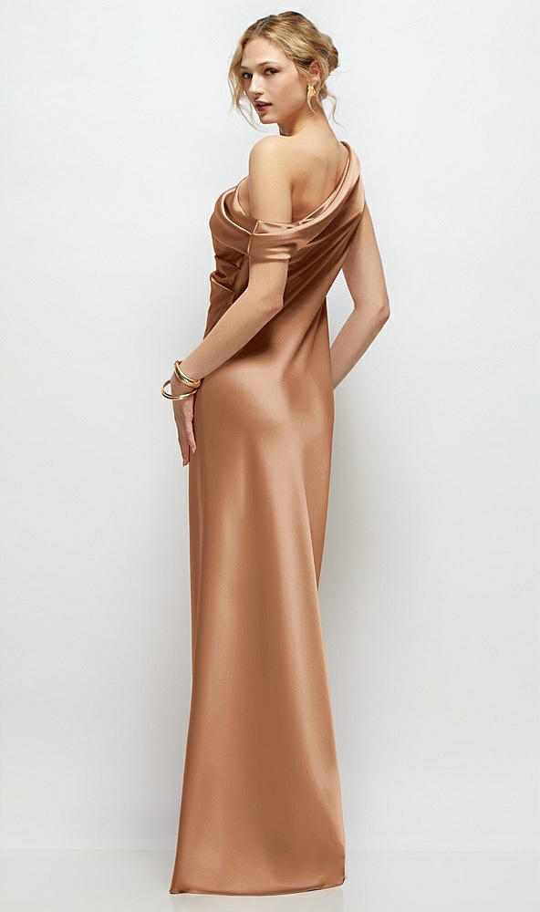 Back View - Toffee Draped One-Shoulder Bias Stretch Satin Maxi Dress