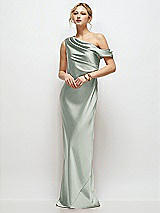 Front View Thumbnail - Willow Green Draped One-Shoulder Bias Stretch Satin Maxi Dress