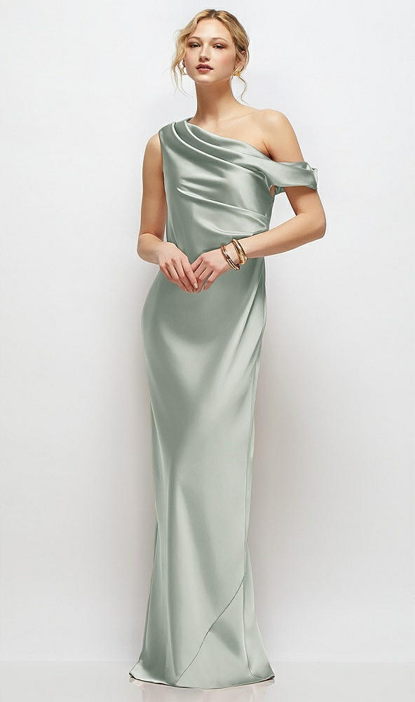 Front View - Willow Green Draped One-Shoulder Bias Stretch Satin Maxi Dress