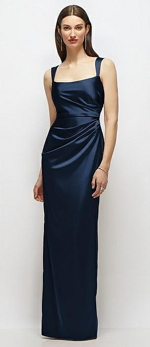 Scoop Neck Draped Column Stretch Satin Maxi Dress