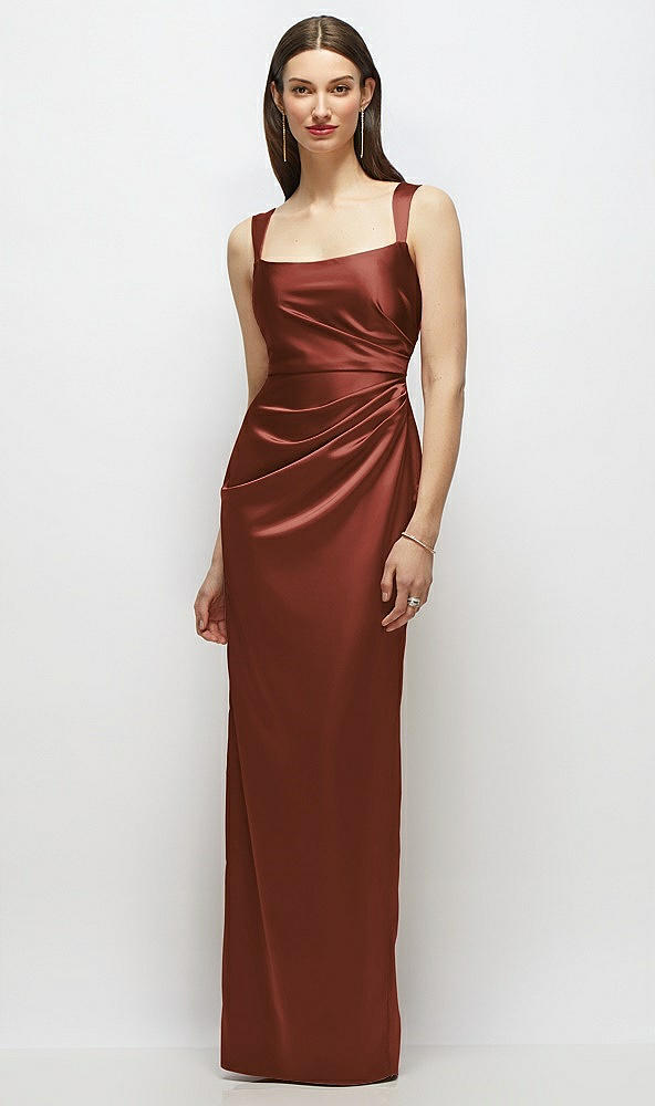 Front View - Auburn Moon Scoop Neck Draped Column Stretch Satin Maxi Dress