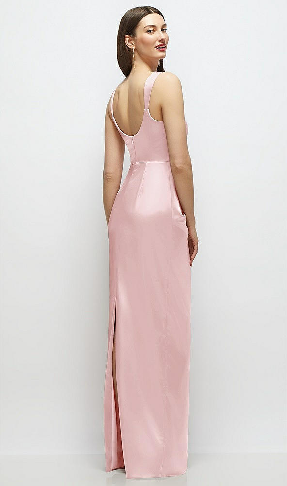Back View - Ballet Pink Scoop Neck Draped Column Stretch Satin Maxi Dress