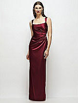 Front View Thumbnail - Cabernet Scoop Neck Draped Column Stretch Satin Maxi Dress