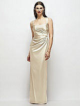 Front View Thumbnail - Champagne Scoop Neck Draped Column Stretch Satin Maxi Dress