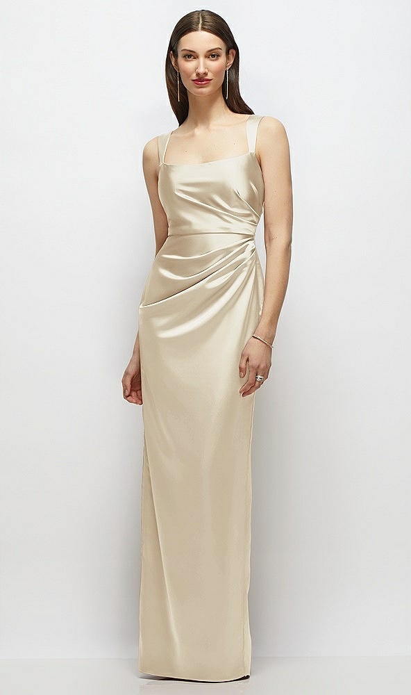 Front View - Champagne Scoop Neck Draped Column Stretch Satin Maxi Dress