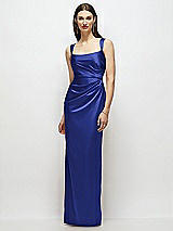 Front View Thumbnail - Cobalt Blue Scoop Neck Draped Column Stretch Satin Maxi Dress