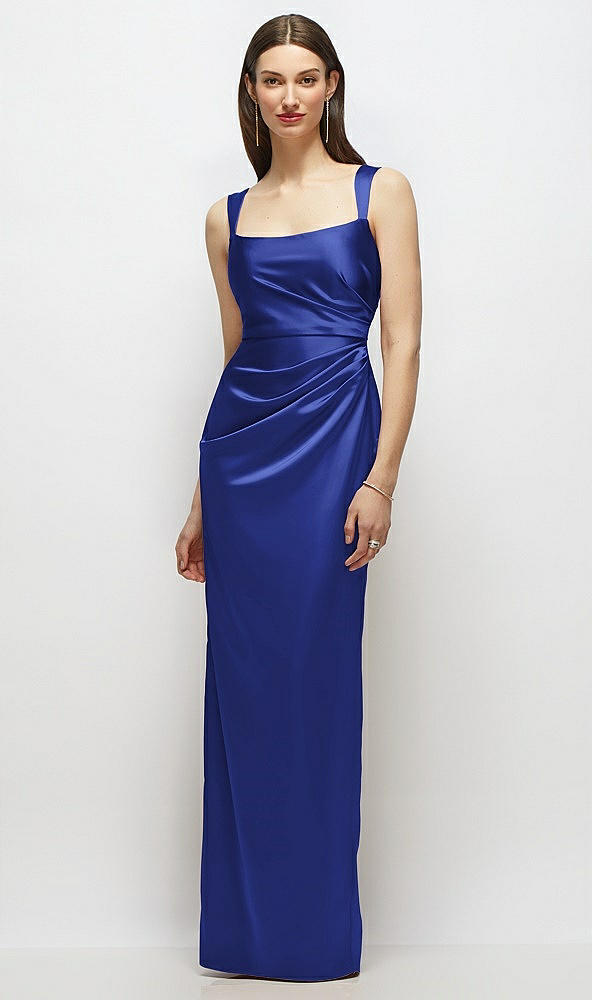 Front View - Cobalt Blue Scoop Neck Draped Column Stretch Satin Maxi Dress