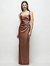 Front View Thumbnail - Cognac Scoop Neck Draped Column Stretch Satin Maxi Dress