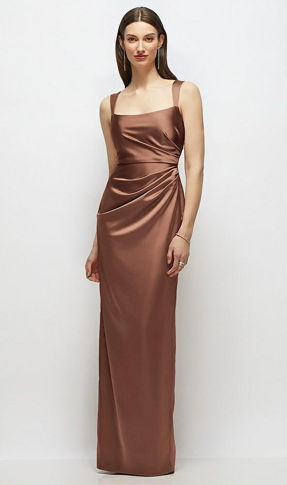 Front View - Cognac Scoop Neck Draped Column Stretch Satin Maxi Dress