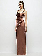 Side View Thumbnail - Cognac Scoop Neck Draped Column Stretch Satin Maxi Dress