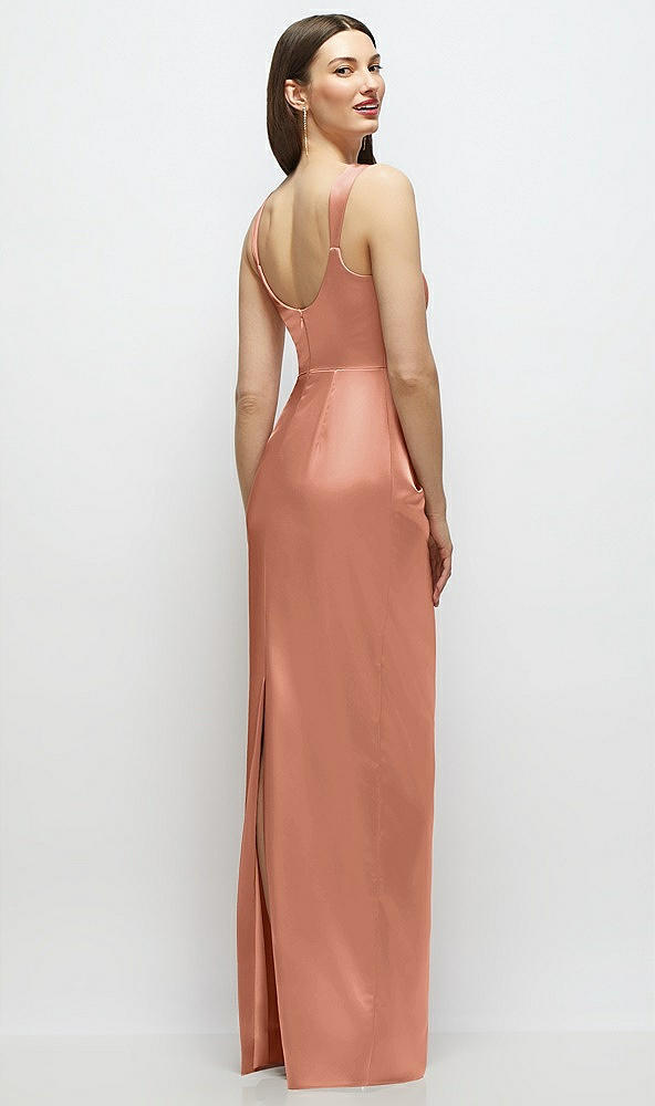 Back View - Copper Penny Scoop Neck Draped Column Stretch Satin Maxi Dress