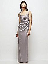 Front View Thumbnail - Cashmere Gray Scoop Neck Draped Column Stretch Satin Maxi Dress