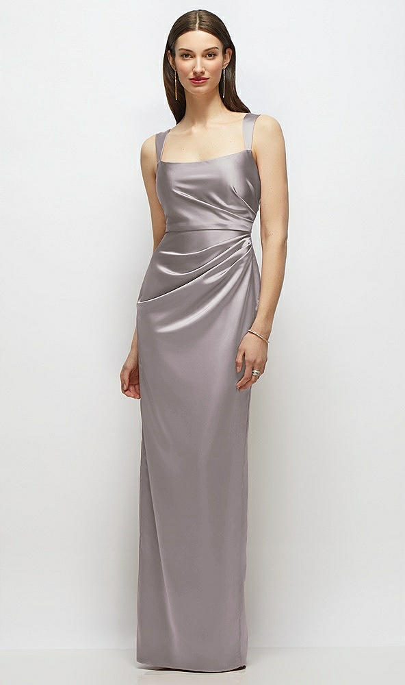 Front View - Cashmere Gray Scoop Neck Draped Column Stretch Satin Maxi Dress